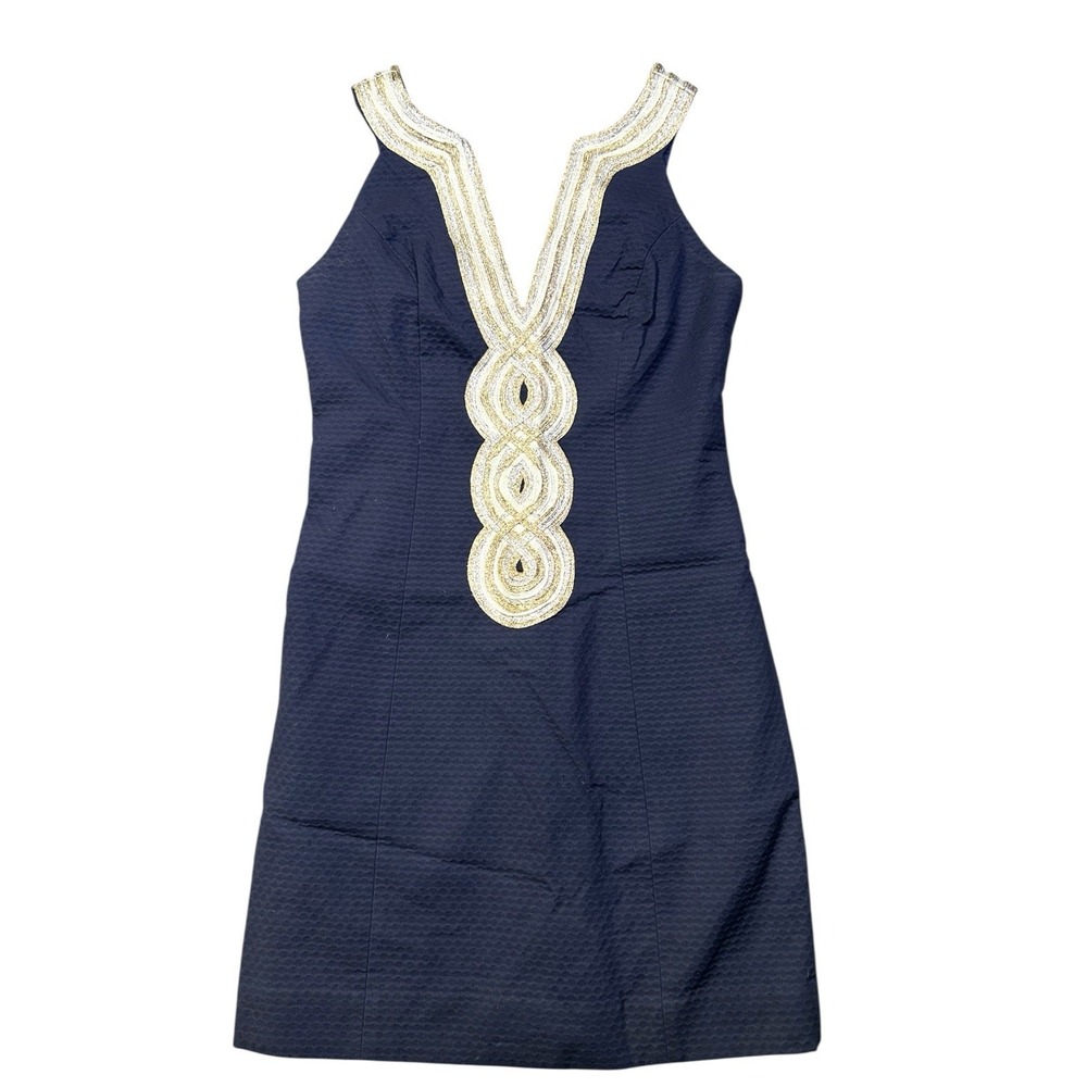 Lilly Pulitzer Women's Valli Shift Dress True Navy Blue Gold Silver Size 0